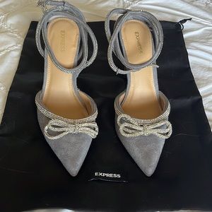 Express Rhinestone Embellished Bow Pumps, Grey Suede Closed Toe Ankle Strap
